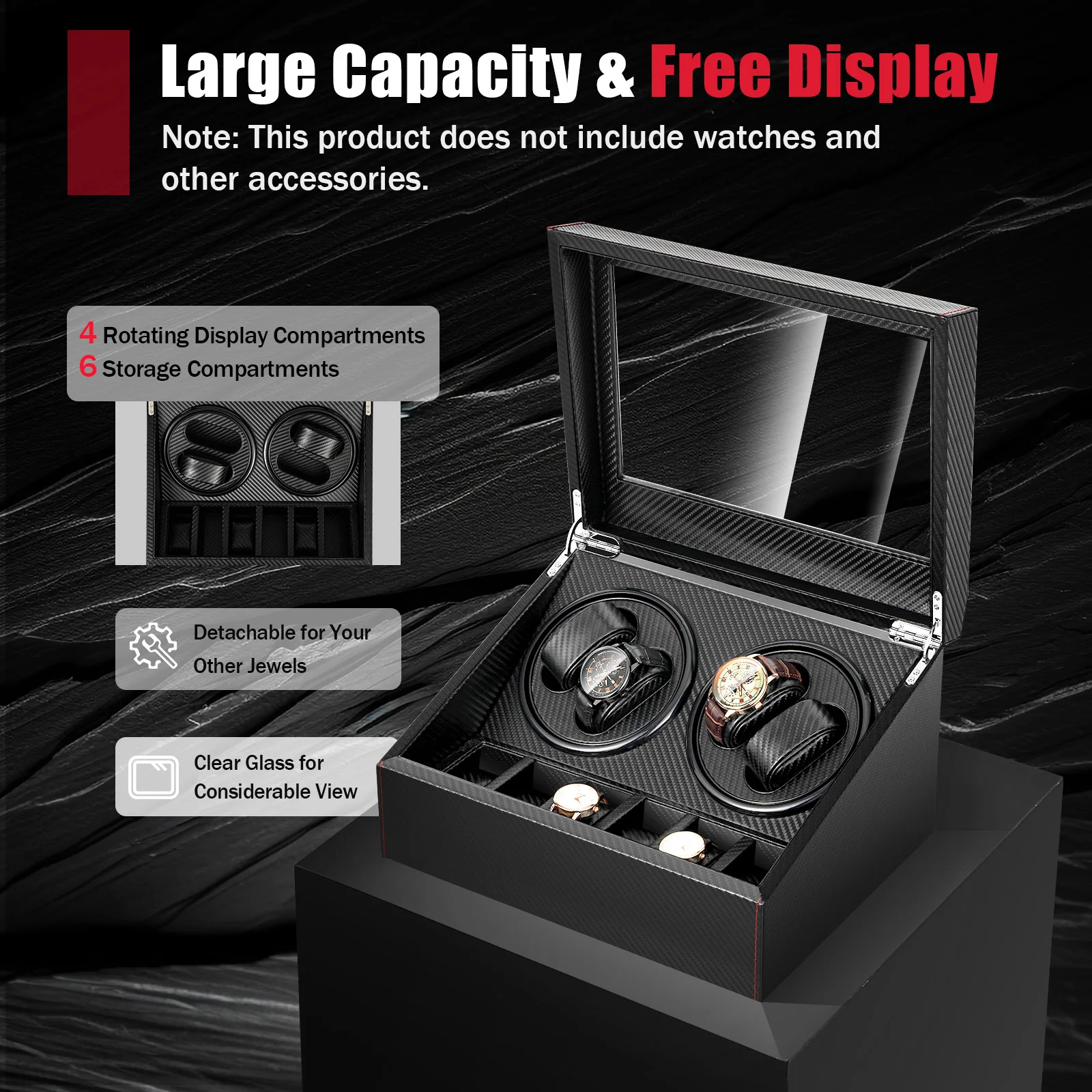 Automatic Rotation Watch Winder Box (4 Winder & 6 Extra Storage), Black Carbon Fiber Electric Watch Winders for Display & Store
Automatic Rotation Watch Winder Box (4 Winder & 6 Extra Storage), Black Carbon Fiber Electric Watch Winders for Display & Store
