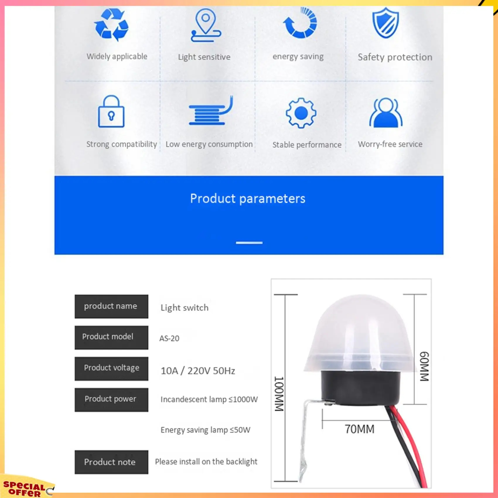 ABFI 2X Automatic On Off Photocell Street Light Lamp Switch C AC 220V 50-60Hz 10A Photo Control Photoswitch Sensor Switch
ABFI 2X Automatic On Off Photocell Street Light Lamp Switch C AC 220V 50-60Hz 10A Photo Control Photoswitch Sensor Switch