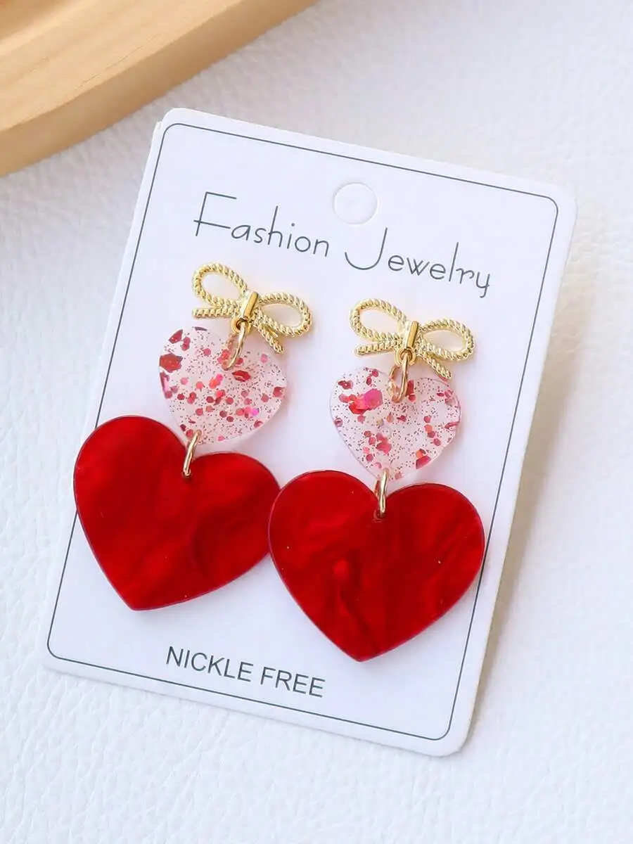 Acrylic Red Heart Bow Earrings Pair Cute Elegant Valentine Gift for Her
Acrylic Red Heart Bow Earrings Pair Cute Elegant Valentine Gift for Her