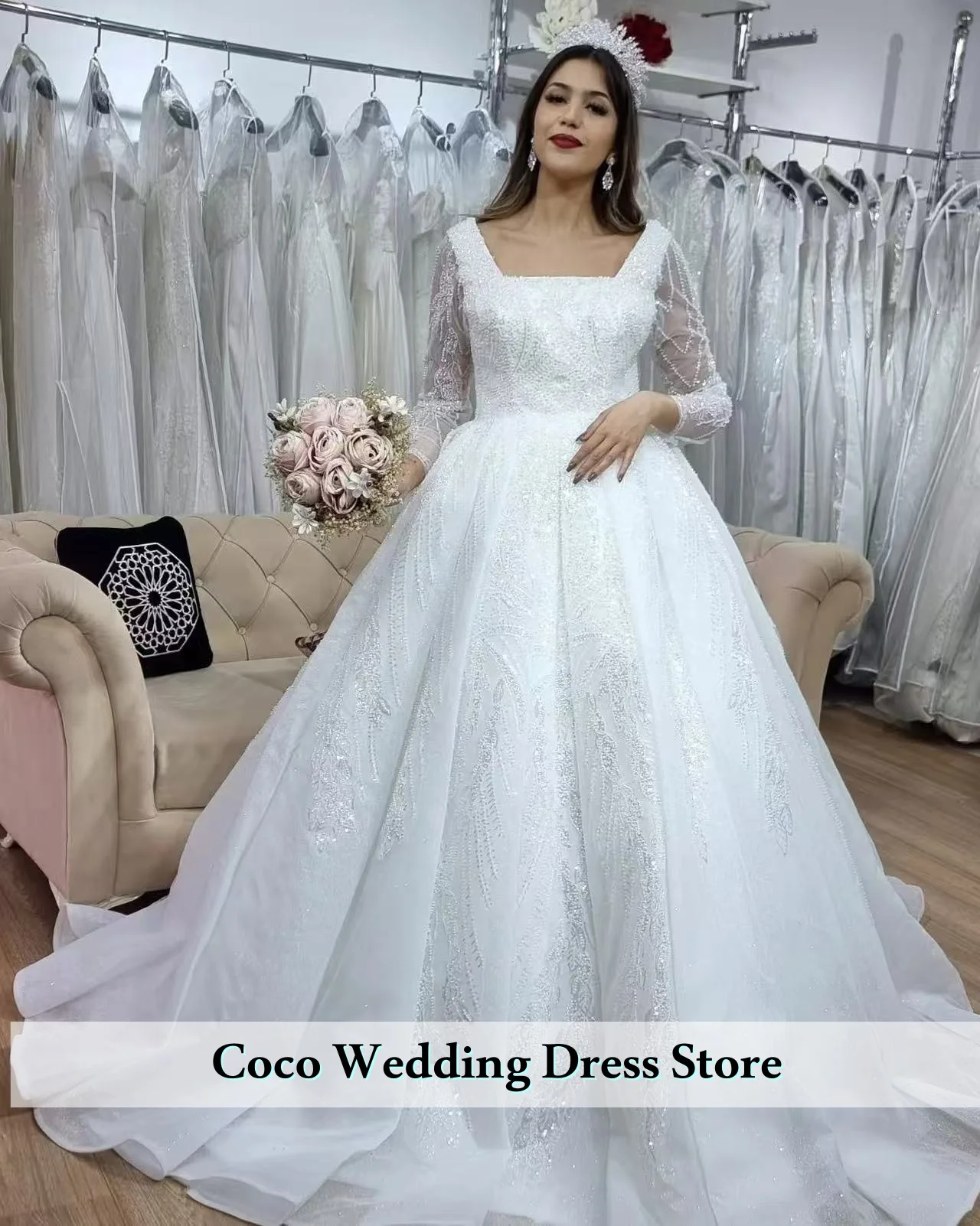 Customized Gorgeous Wedding Dress Square Collar Sequins Princess Ball Gown Long Sleeve Backless Lace Up Vestido De Novia
Customized Gorgeous Wedding Dress Square Collar Sequins Princess Ball Gown Long Sleeve Backless Lace Up Vestido De Novia