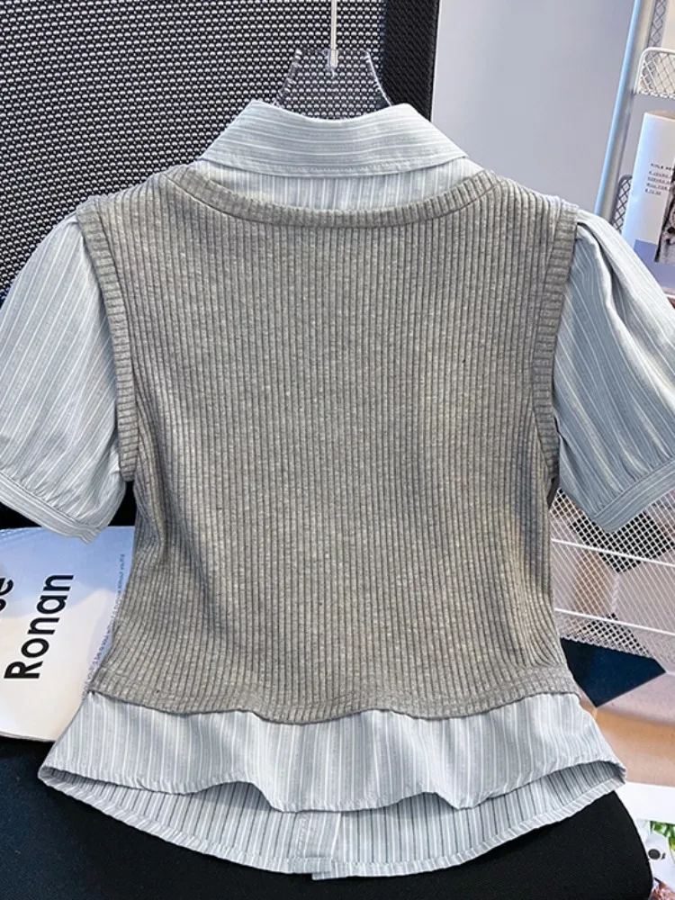 Slim Fit ort Sve irt, женские летние новые лоскутные ложные двухсекционные хлопчатобумажные эластичные волокна Bubble Sve 
Slim Fit ort Sve irt, женские летние новые лоскутные ложные двухсекционные хлопчатобумажные эластичные волокна Bubble Sve