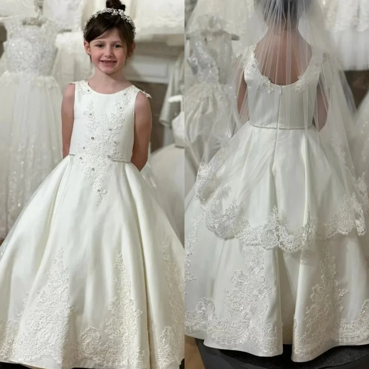 Белые платья с цветочным узором без рукавов для девочек на свадьбу, кружевное платье с аппликацией для девочек для фотосессии, платья для первого причастия по индивидуальному заказу 
Белые платья с цветочным узором без рукавов для девочек на свадьбу, кружевное платье с аппликацией для девочек для фотосессии, платья для первого причастия по индивидуальному заказу