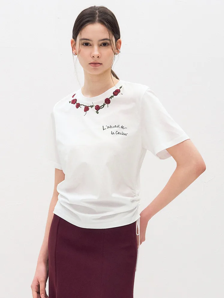 Slimming Effect Rose Blossom 26 Summer T-Shirt Embroidered Cherry Waist Cinching Side Pleats Cotton Short Sleeve round Neck
Slimming Effect Rose Blossom 26 Summer T-Shirt Embroidered Cherry Waist Cinching Side Pleats Cotton Short Sleeve round Neck
