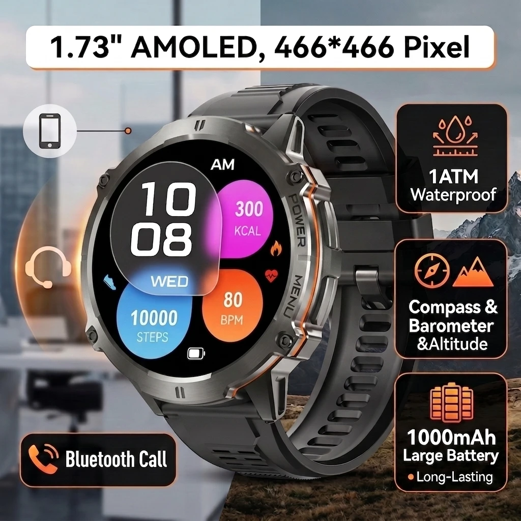 Outdoor Smartwatch 1.73" AMOLED Screen Smart Watch 1ATM Waterproof 1000mAh Large battery Sports Watches for Man Android iOS 2026
Outdoor Smartwatch 1.73" AMOLED Screen Smart Watch 1ATM Waterproof 1000mAh Large battery Sports Watches for Man Android iOS 2026