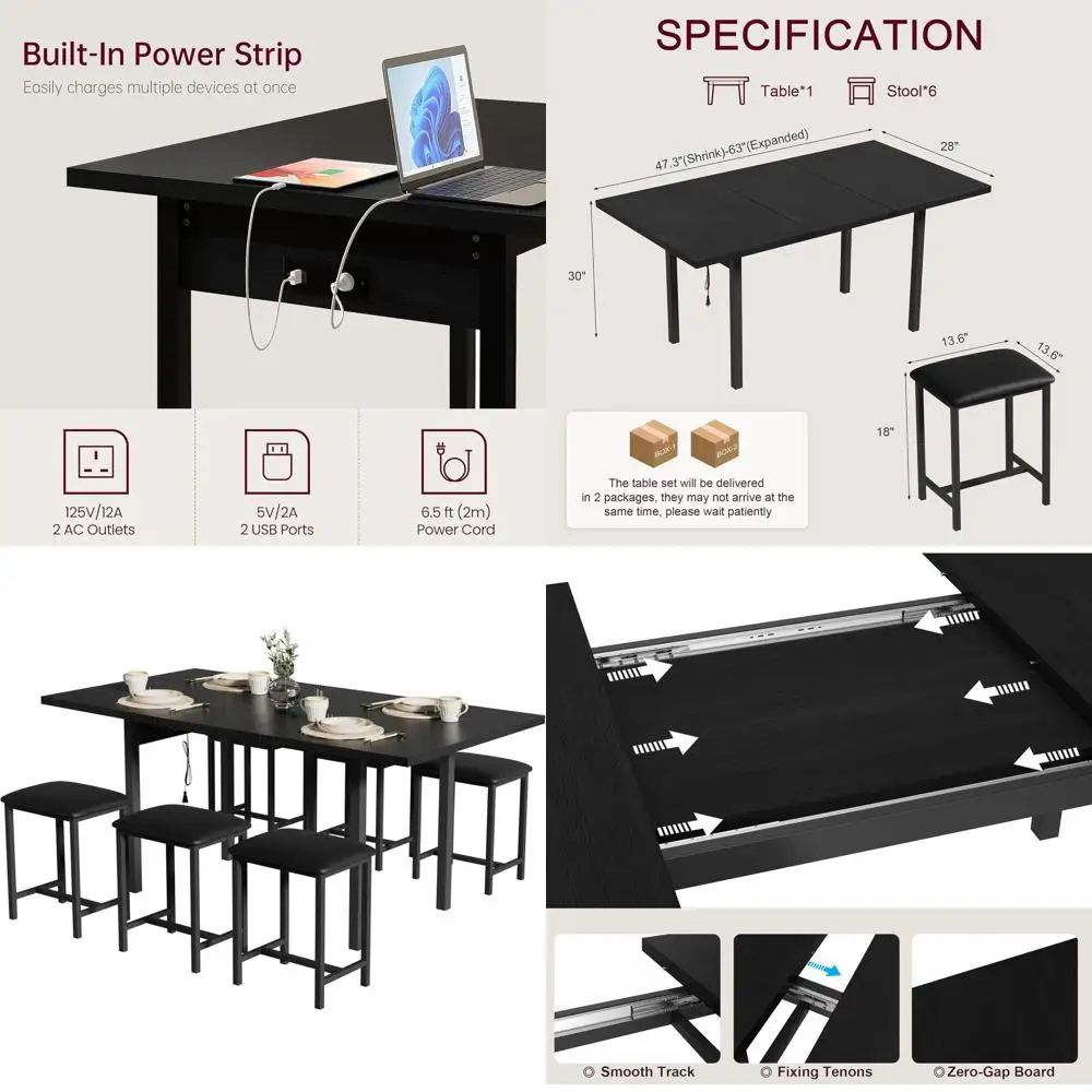 Expandable 63 7-Piece Dining Set with Square Stools, USB Charging, Ideal for Small Spaces, Easy Assembly, Black
Expandable 63 7-Piece Dining Set with Square Stools, USB Charging, Ideal for Small Spaces, Easy Assembly, Black