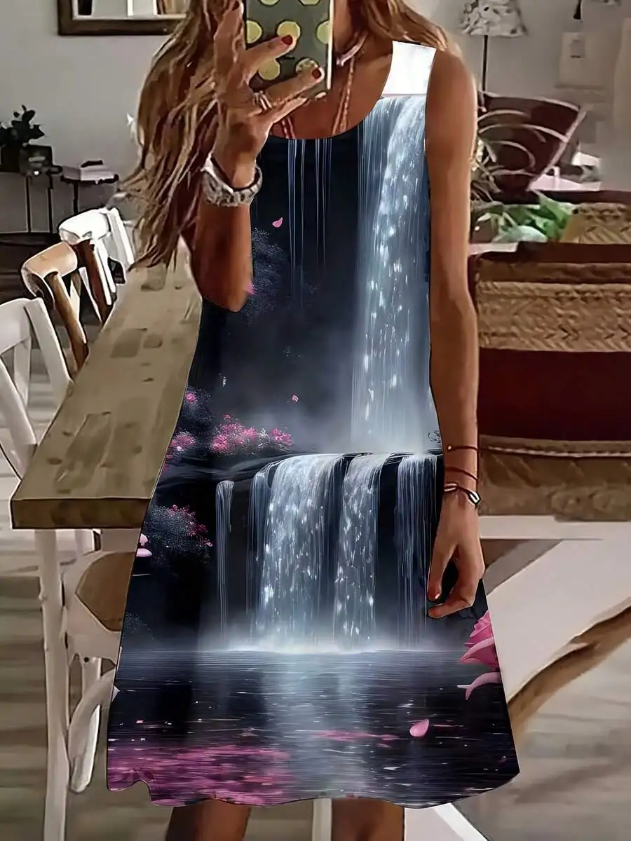Women Sleeveless Dress Waterfall And Pink Flowers Print Summer Beach Party
Women Sleeveless Dress Waterfall And Pink Flowers Print Summer Beach Party