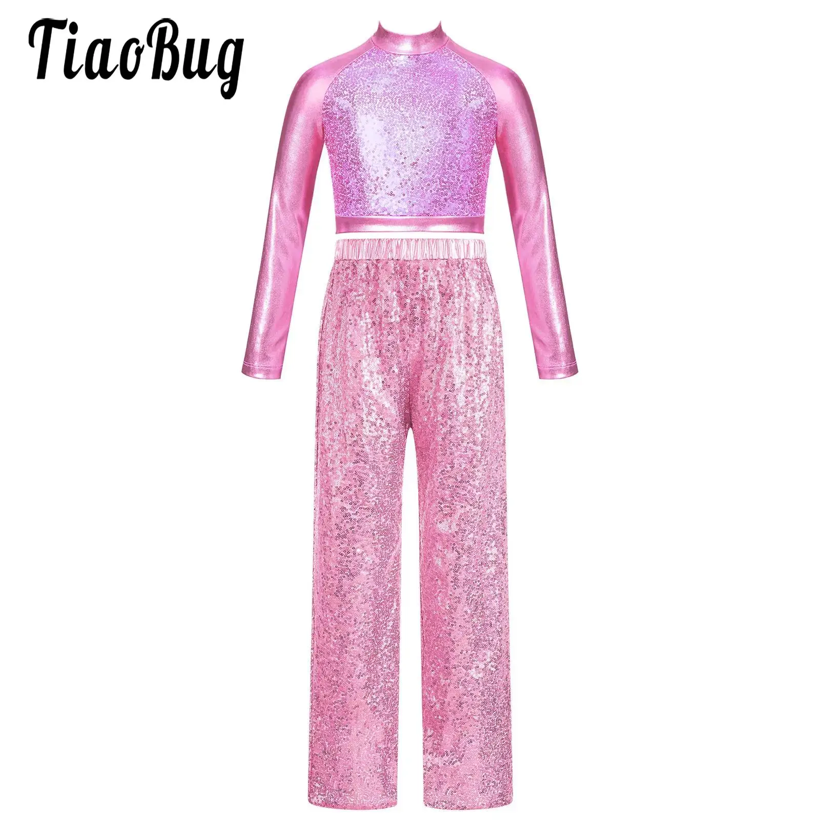 Kids Girls Sparkly Sequins Dance Stage Costume 2Pcs Long Sleeve Crop Top and Wide-Leg Pants Street Modern Dance Cheerleader Set
Kids Girls Sparkly Sequins Dance Stage Costume 2Pcs Long Sleeve Crop Top and Wide-Leg Pants Street Modern Dance Cheerleader Set