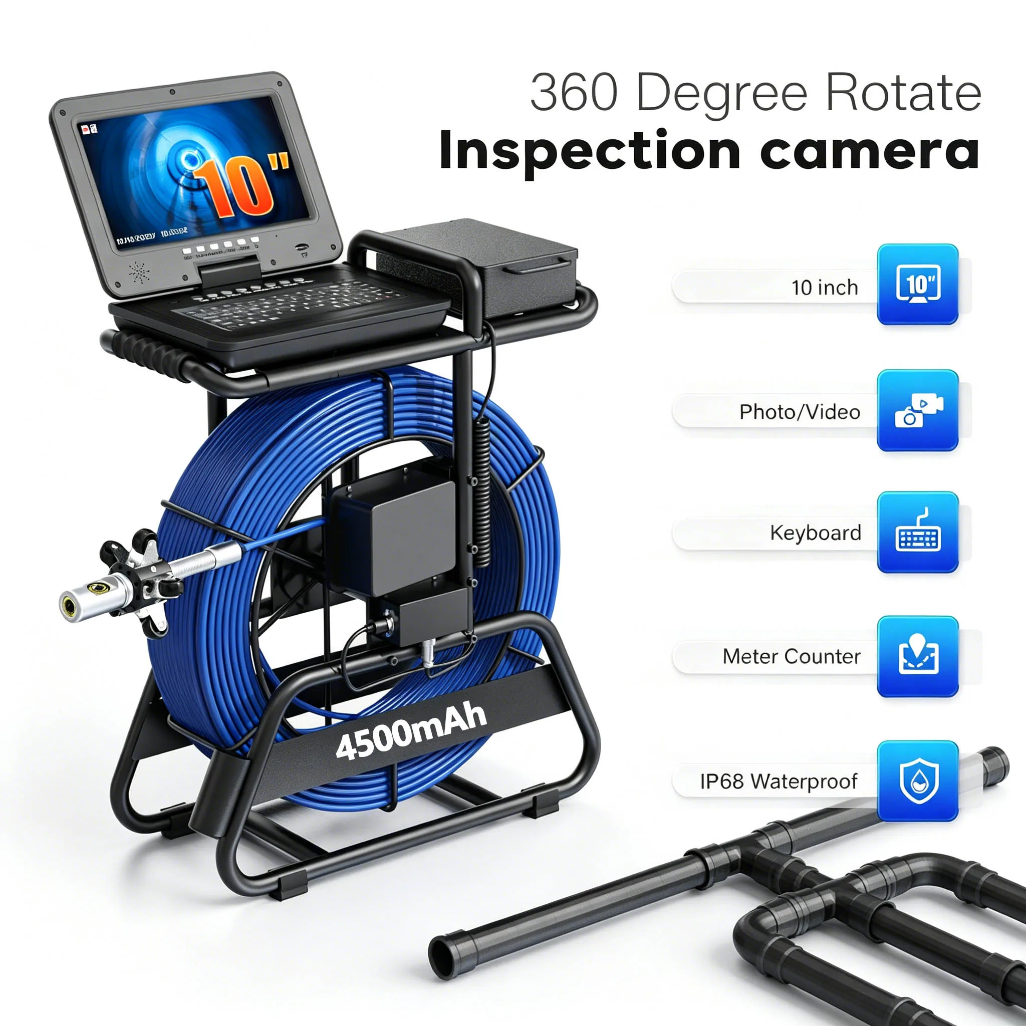 360° Rotating Sewer Camera with 10" IPS Screen, 32MM 1080P Endoscope Camera with 512Hz Transmitter,7mm Cable,4500mAH Battery
360° Rotating Sewer Camera with 10" IPS Screen, 32MM 1080P Endoscope Camera with 512Hz Transmitter,7mm Cable,4500mAH Battery