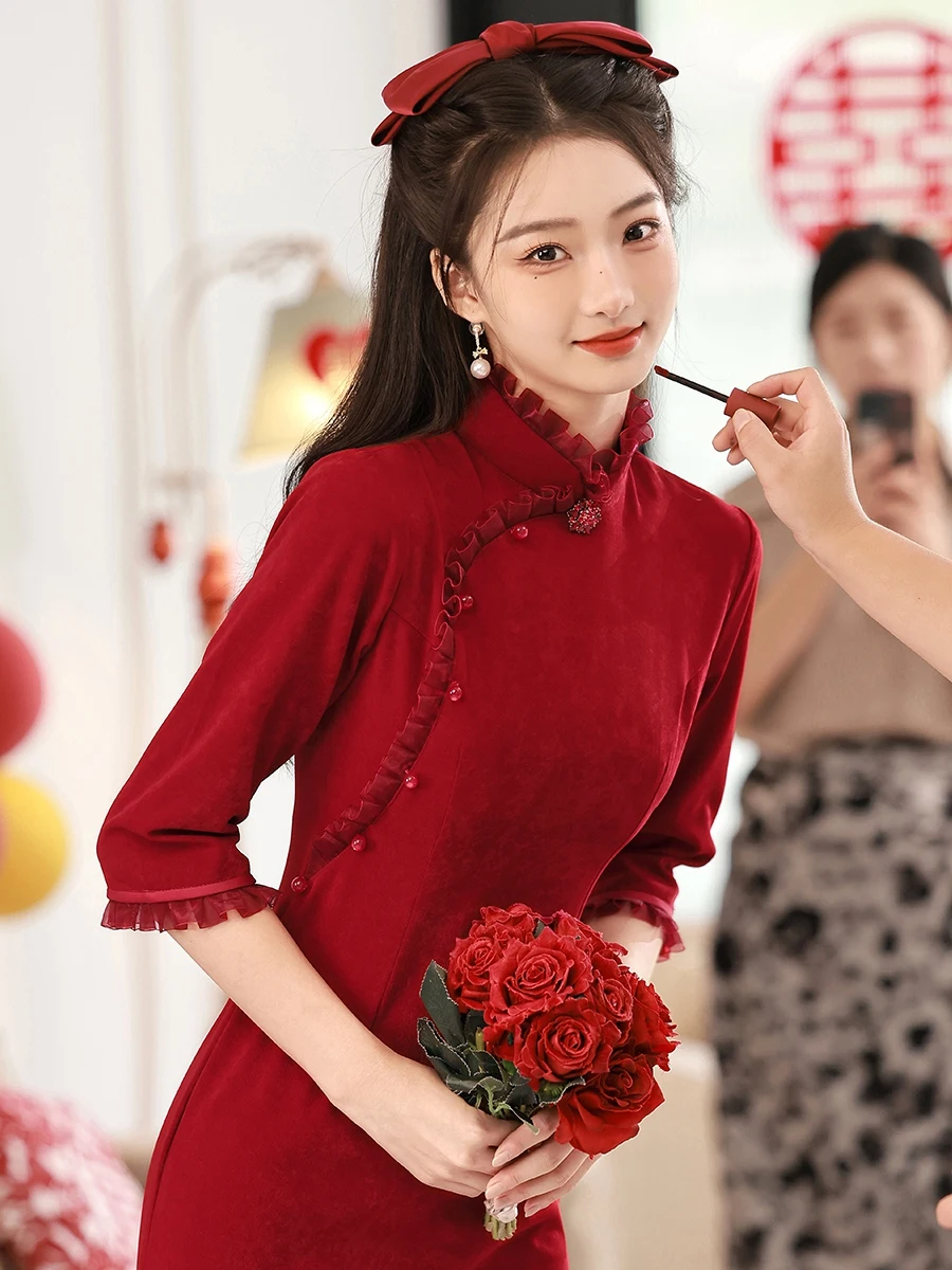 Toast Clothing Cheongsam New Year Chinese Style Back-to-Door Bride Wedding Red Engagement Dress Women's High-Grade
Toast Clothing Cheongsam New Year Chinese Style Back-to-Door Bride Wedding Red Engagement Dress Women's High-Grade