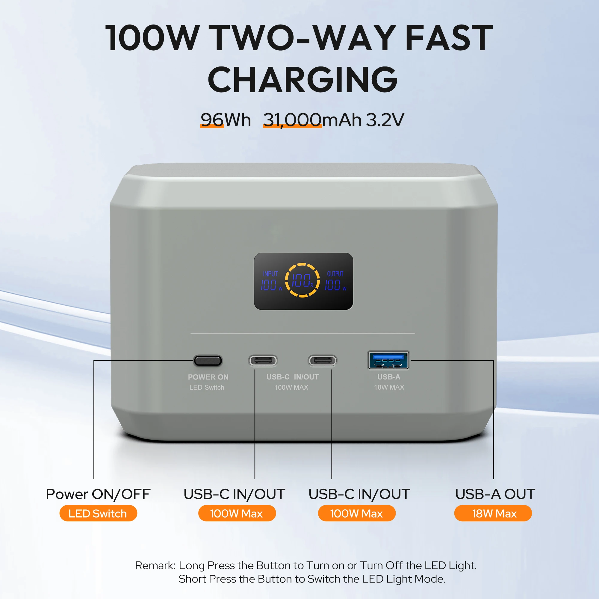 100W Portable Power Bank Charging Station, 96Wh LiFePO4 Battery Pack, with USB-C Fast Charging Cable, Camping Power Bank for Outdoor Travel, Business Trips, Backup
100W Portable Power Bank Charging Station, 96Wh LiFePO4 Battery Pack, with USB-C Fast Charging Cable, Camping Power Bank for Outdoor Travel, Business Trips, Backup