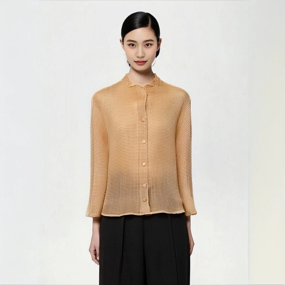 Miyake Folds New 2025 Japanese Corn Grain Shirt Female Fashion Thin Single-breasted Long-sleeved Cardigan with Sun Shirt
Miyake Folds New 2025 Japanese Corn Grain Shirt Female Fashion Thin Single-breasted Long-sleeved Cardigan with Sun Shirt