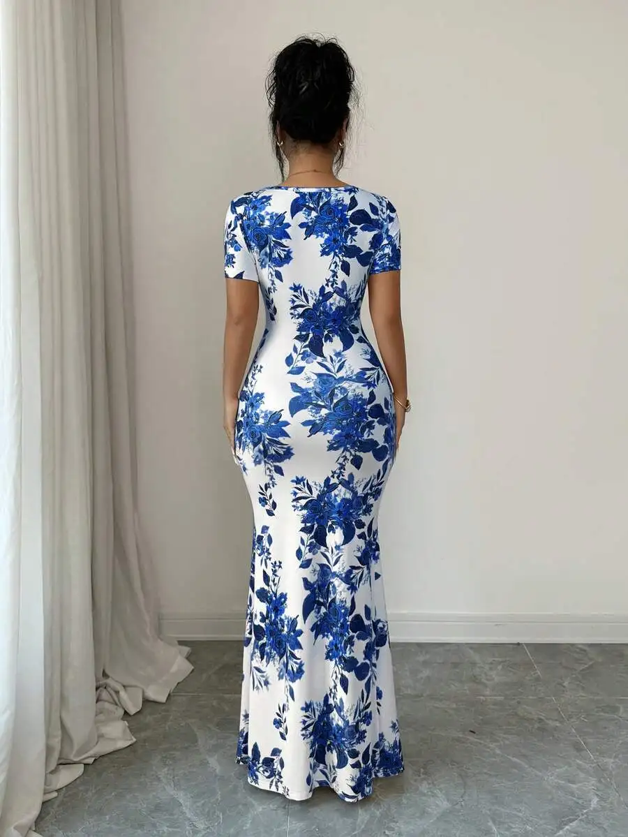 Womens Summer Short Sleeve Floral Print Maxi Dress With Slit Hem And Ruched Waist
Womens Summer Short Sleeve Floral Print Maxi Dress With Slit Hem And Ruched Waist