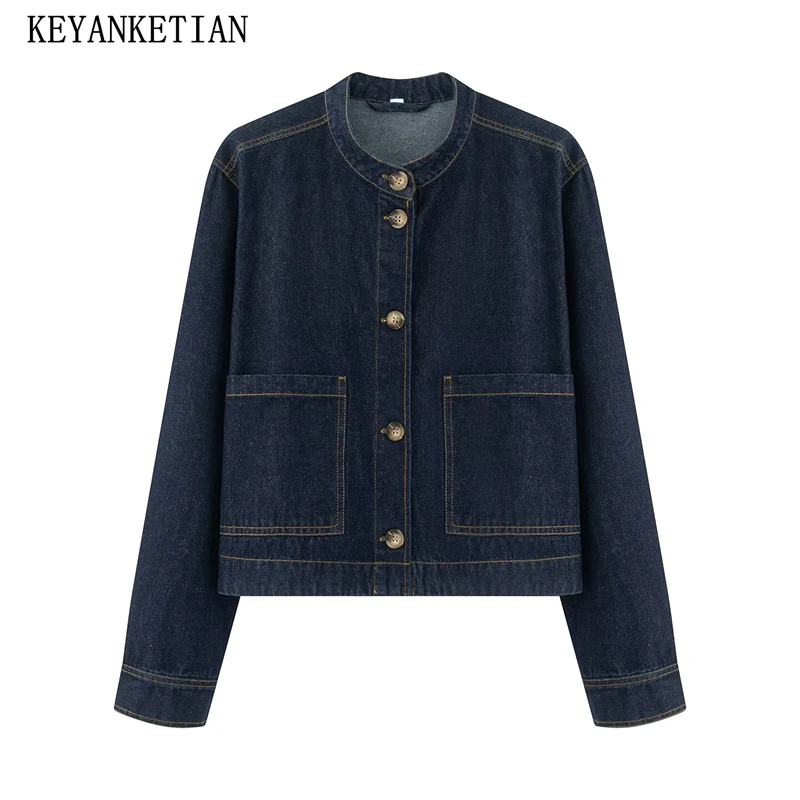 KEYANKETIAN осенняя новая женская однобортная джинсовая куртка с воротником-стойкой и карманами, женская короткая куртка с длинными рукавами
KEYANKETIAN осенняя новая женская однобортная джинсовая куртка с воротником-стойкой и карманами, женская короткая куртка с длинными рукавами