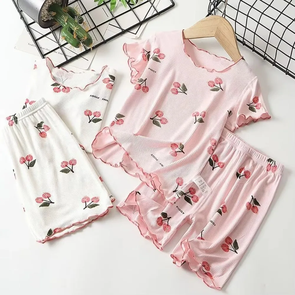 Cherry Blossom Print Girls Pajama Set Breathable Modal Blend 4-Way Stretch Shorts Tee for 1-8Y Homewear Set Thin Pajamas Summer 
Cherry Blossom Print Girls Pajama Set Breathable Modal Blend 4-Way Stretch Shorts Tee for 1-8Y Homewear Set Thin Pajamas Summer