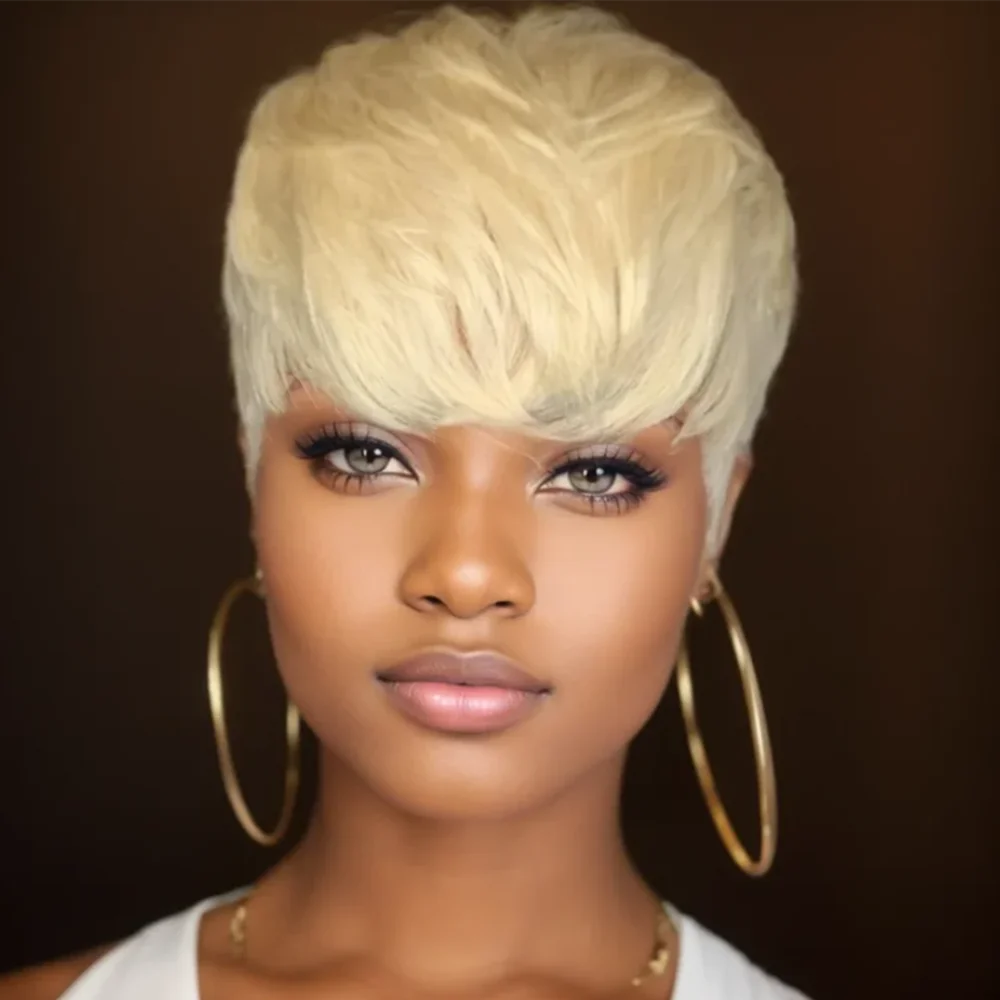 613 blonde machine made 150% density 6inch pixie cut Human Hair Wigs short straight Wigs for Women Party Gift
613 blonde machine made 150% density 6inch pixie cut Human Hair Wigs short straight Wigs for Women Party Gift