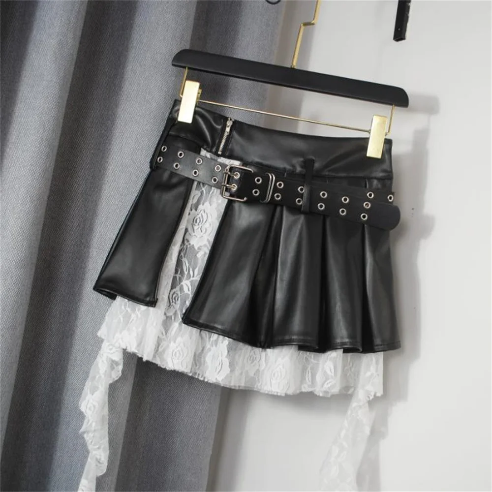 New style lace-spliced PU leather skirt women's high-waisted A-line pleated skirt half-length
New style lace-spliced PU leather skirt women's high-waisted A-line pleated skirt half-length