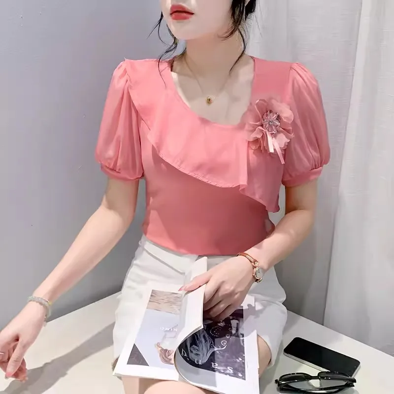 Chic Chiffon Short Sleeve Patchwork Cotton T-shirt For Women Summer New Fashion Ruffle Skew Neck Sweet 3D Flower Beaded Top
Chic Chiffon Short Sleeve Patchwork Cotton T-shirt For Women Summer New Fashion Ruffle Skew Neck Sweet 3D Flower Beaded Top
