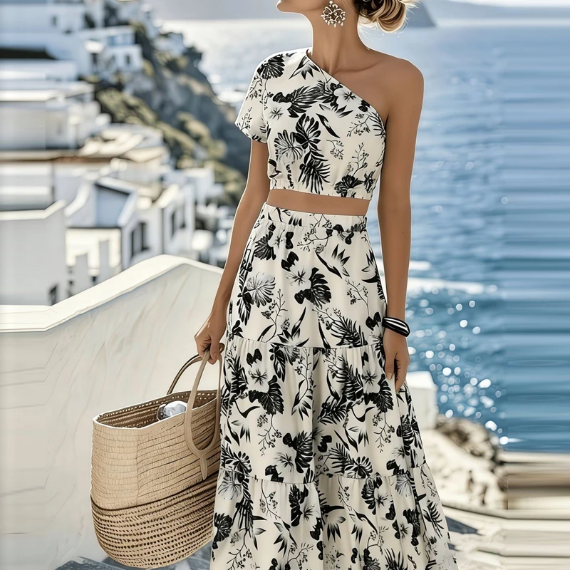 Women Elegant Flower Print Suit Fashion Vacation Style Long Skirt 2Pc Outfits Sexy Slanted Shoulder Short Sleeve Top & Skirt Set
Women Elegant Flower Print Suit Fashion Vacation Style Long Skirt 2Pc Outfits Sexy Slanted Shoulder Short Sleeve Top & Skirt Set