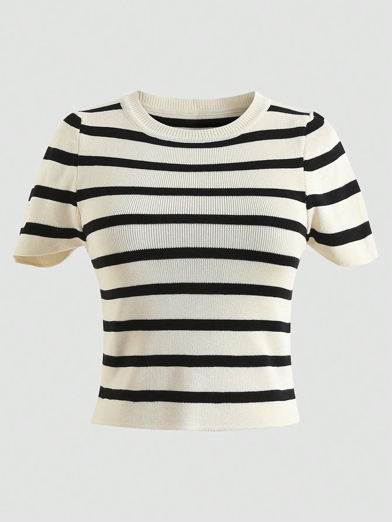 Women's Black and Cream Striped Knit Crop Tee, Short Sleeve Round Neck Casual Top
Women's Black and Cream Striped Knit Crop Tee, Short Sleeve Round Neck Casual Top