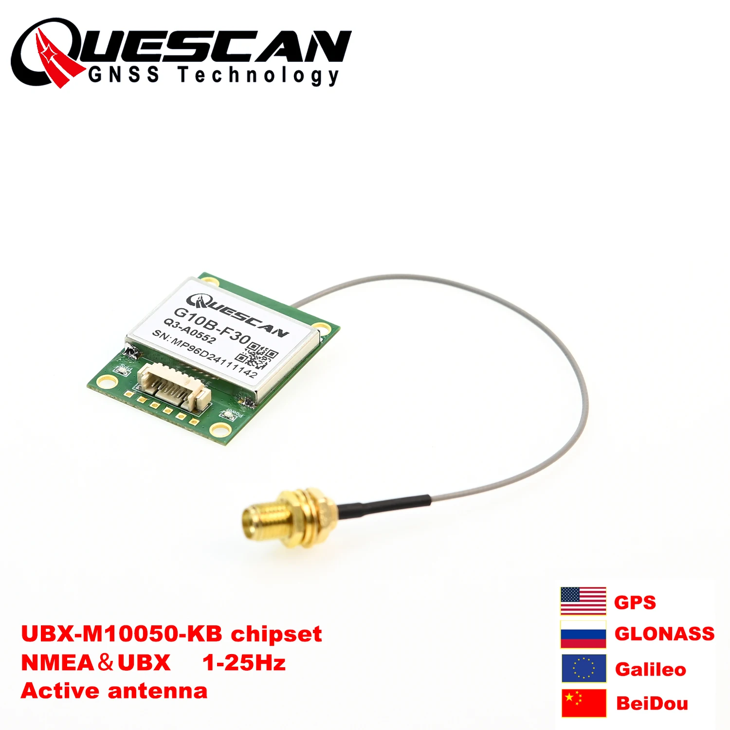 QUESCAN G10B-F30 M10 GPS GNSS Module with Active Antenna GPS Galileo GLONASS BeiDou QZSS SBAS Receiver NMEA0183 UBX Protocol
QUESCAN G10B-F30 M10 GPS GNSS Module with Active Antenna GPS Galileo GLONASS BeiDou QZSS SBAS Receiver NMEA0183 UBX Protocol