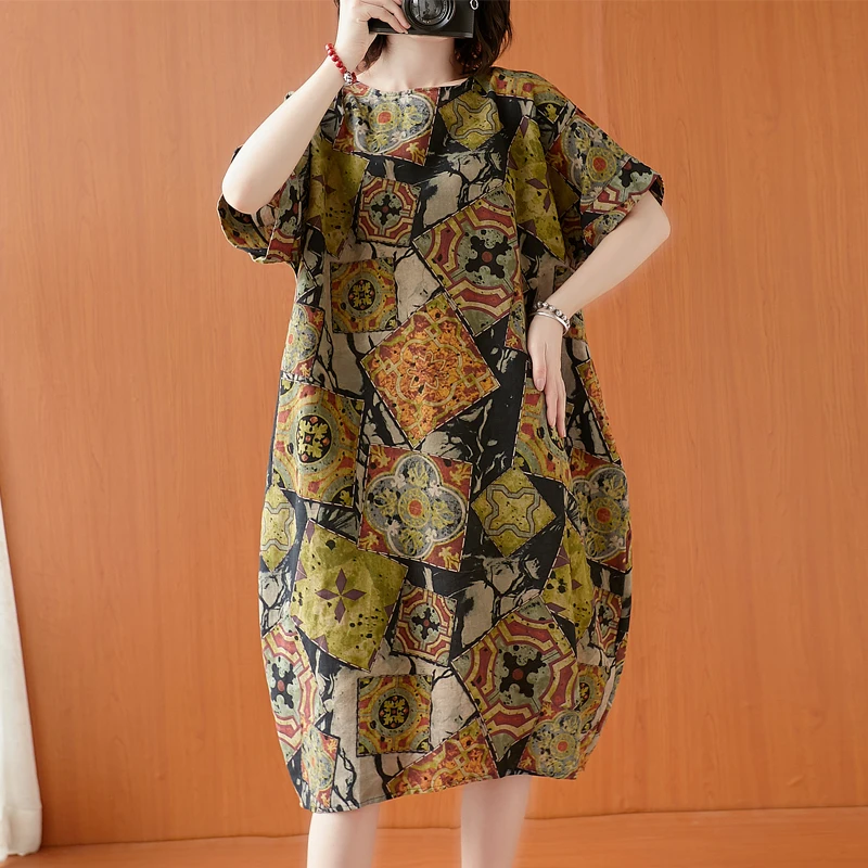 Retro Cotton Linen round Neck Artistic Print Midi Dress Summer Women's Fashionable Loose Fit Gown with Pockets for Daily Wear
Retro Cotton Linen round Neck Artistic Print Midi Dress Summer Women's Fashionable Loose Fit Gown with Pockets for Daily Wear