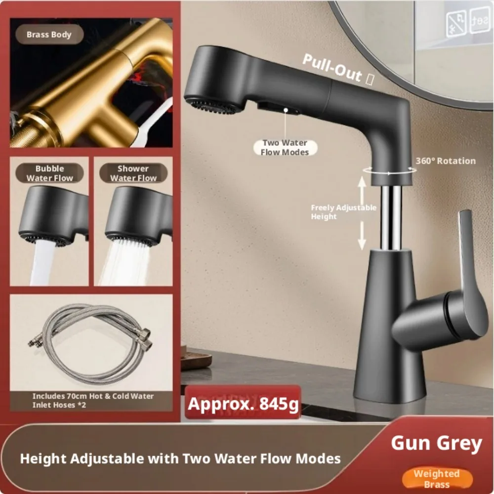 Brass pull-out dual-function bathroom sink faucet with adjustable height. Available in silver, white, and bronze gray.
Brass pull-out dual-function bathroom sink faucet with adjustable height. Available in silver, white, and bronze gray.
