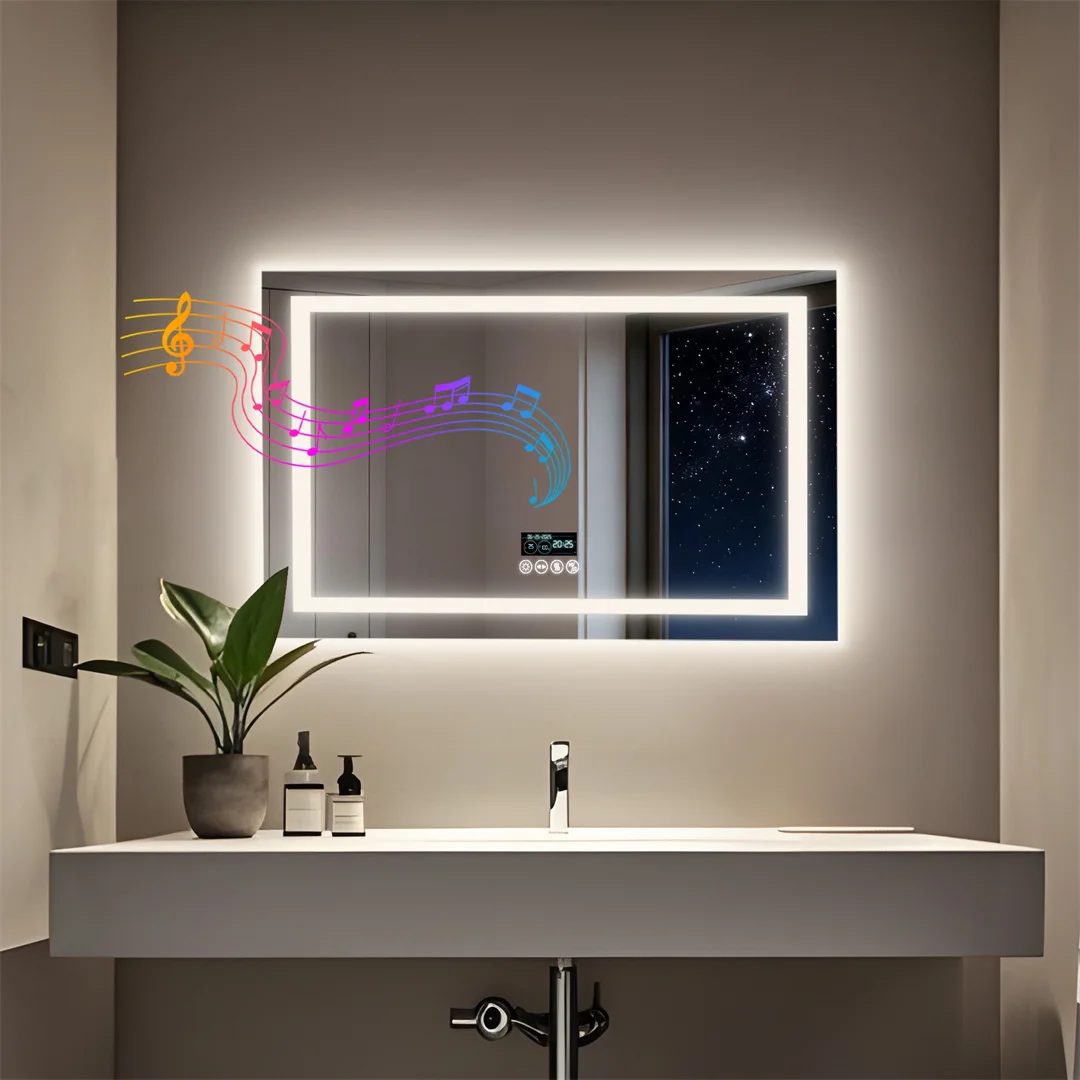 Rectangle Bluetooth Lighted Bathroom Mirror, Illuminated Smart Vanity Mirror with NdFeB Speaker and Time Temperature Display
Rectangle Bluetooth Lighted Bathroom Mirror, Illuminated Smart Vanity Mirror with NdFeB Speaker and Time Temperature Display