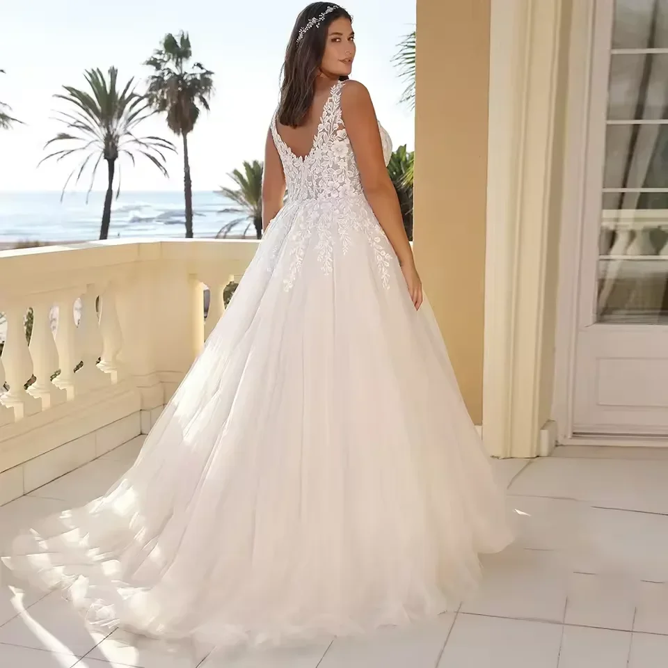 Customized Graceful Plus Size V-neck Wedding Dresses For Woman A-line Appliques Sleeveless Zipper Back Tulle Vestido De Novia
Customized Graceful Plus Size V-neck Wedding Dresses For Woman A-line Appliques Sleeveless Zipper Back Tulle Vestido De Novia