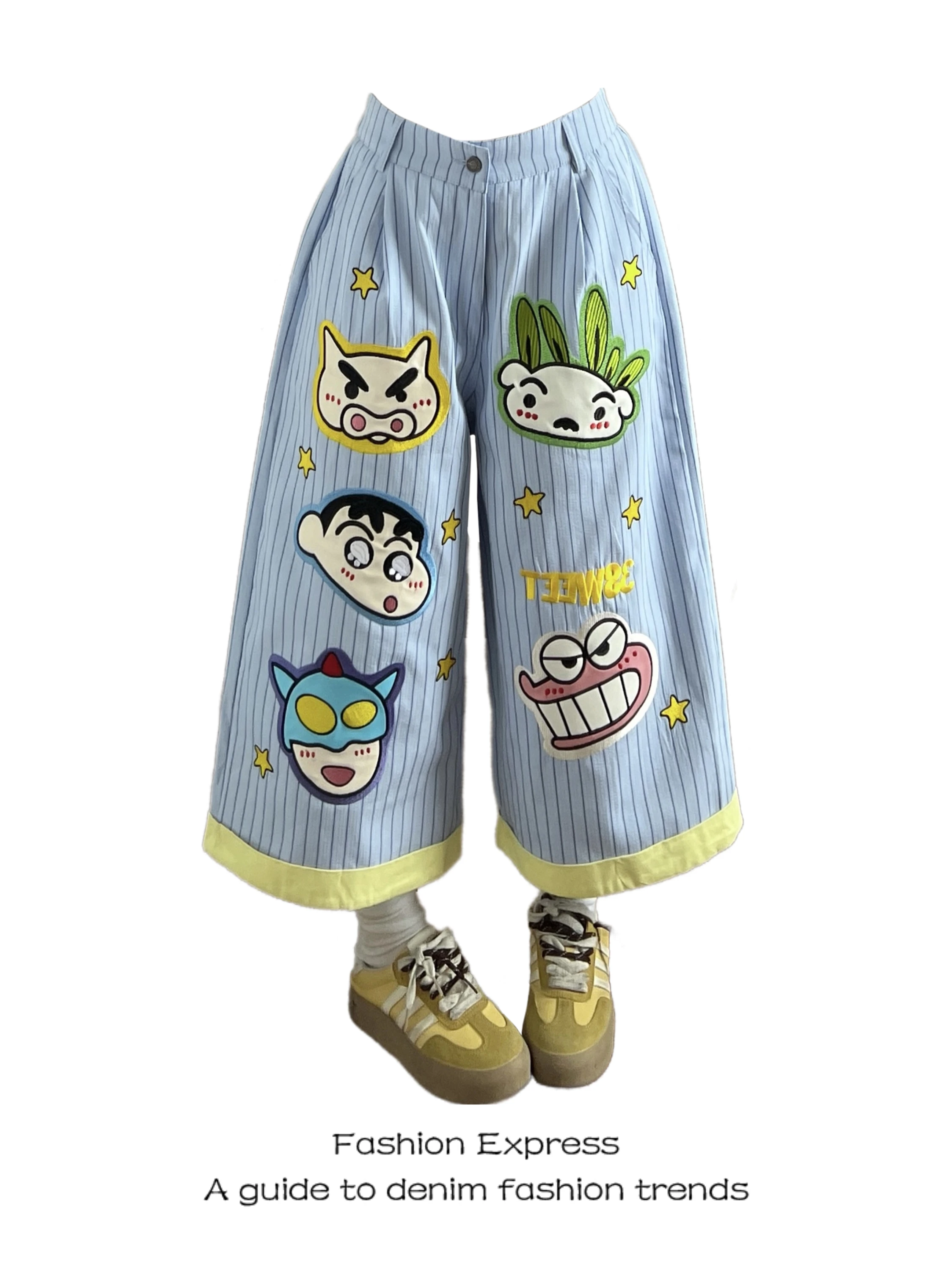 Cute Striped Thin Wide Leg Short Pants Women's Summer New Blue Cartoon Embroidery Design Casual High Waist Denim Pants
Cute Striped Thin Wide Leg Short Pants Women's Summer New Blue Cartoon Embroidery Design Casual High Waist Denim Pants