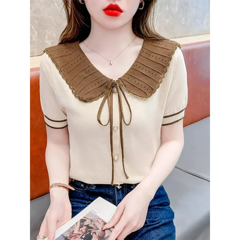 Sweet Women Simple Women's Summer 2024 New French Elegant T-shirt Commuter Chic Lace Hollow Peter Pan Collar Short Top
Sweet Women Simple Women's Summer 2024 New French Elegant T-shirt Commuter Chic Lace Hollow Peter Pan Collar Short Top