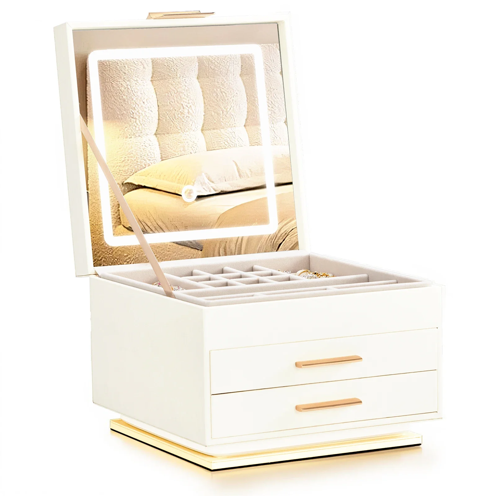 Top storage with LED tri color mirror light, 2 draws, bottom with atmosphere monochrome light, white cabinet, pink velvet jewelr
Top storage with LED tri color mirror light, 2 draws, bottom with atmosphere monochrome light, white cabinet, pink velvet jewelr