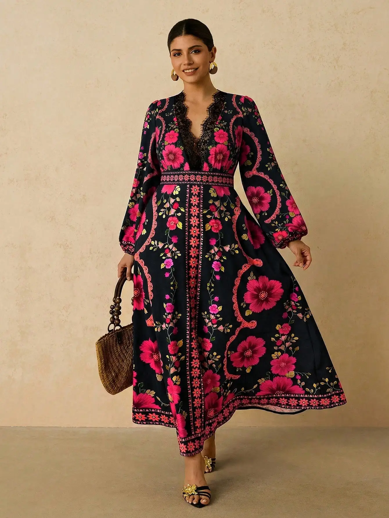 Black Red Floral Print V-Neck Lace Trim Long Sleeve Maxi Dress
Black Red Floral Print V-Neck Lace Trim Long Sleeve Maxi Dress