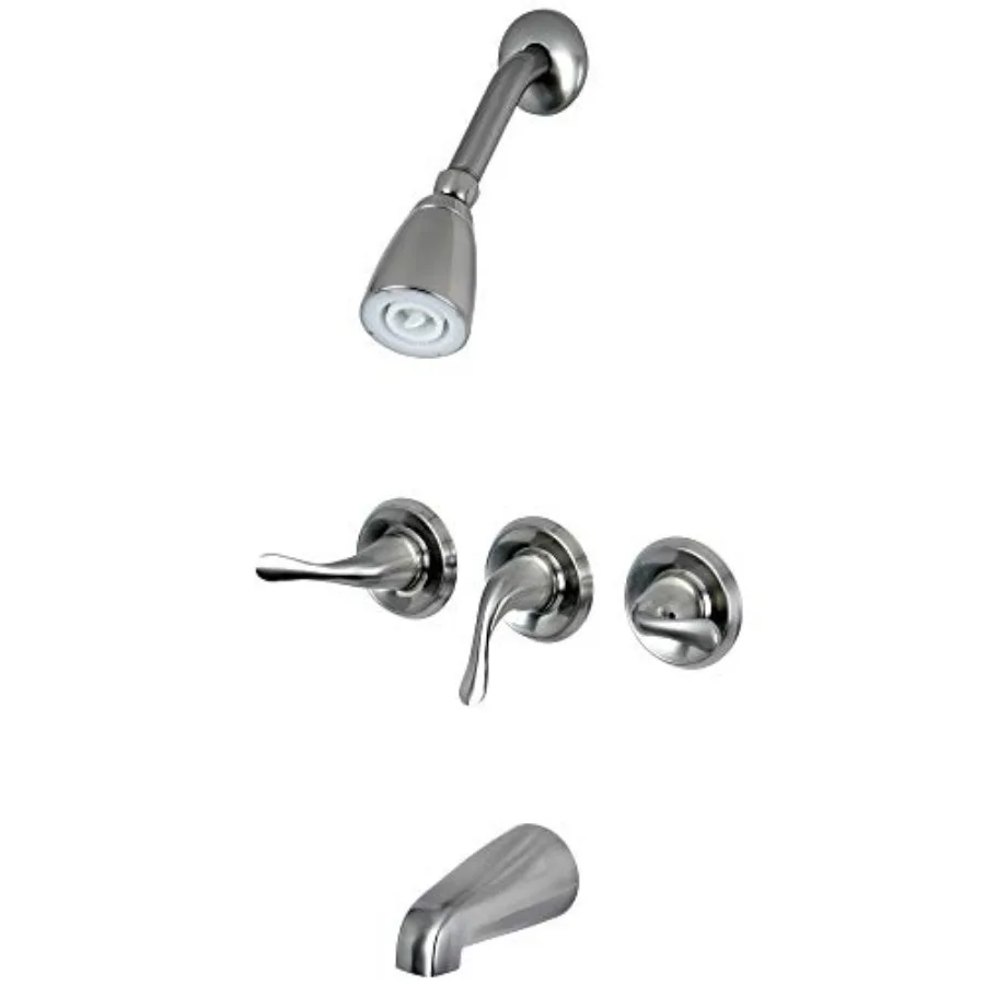 Yosemite three handle tub shower faucet for bathroom use, brass construction, brushed nickel finish, corrosion-resistant and du
Yosemite three handle tub shower faucet for bathroom use, brass construction, brushed nickel finish, corrosion-resistant and du