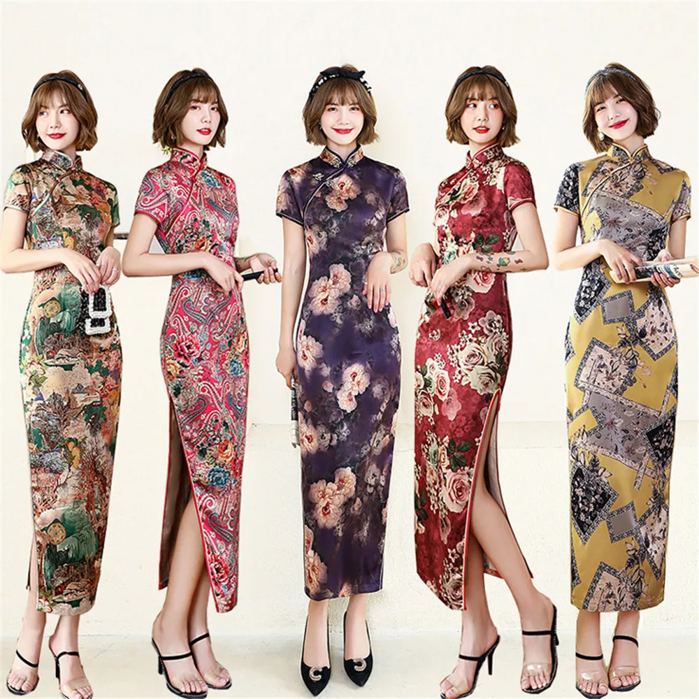Китайский традиционный цветочный принт, элегантное женское платье Cheongsam с короткими рукавами и воротником-стойкой
Китайский традиционный цветочный принт, элегантное женское платье Cheongsam с короткими рукавами и воротником-стойкой