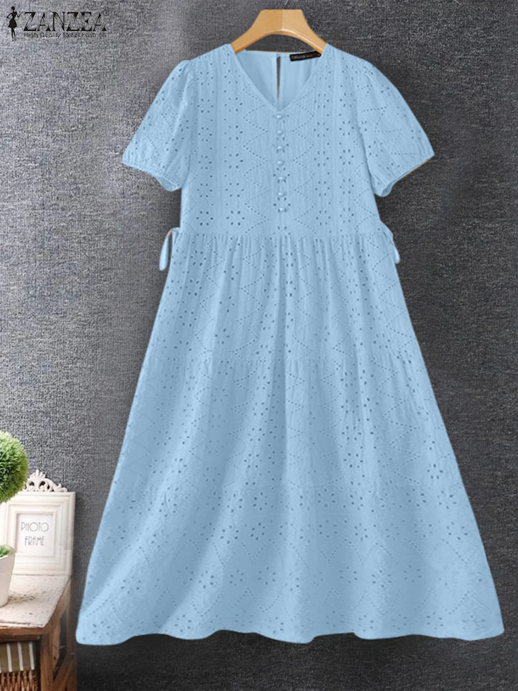 ZANZEA 2025 Short Sleeve Dress Elegant Solid Color Midi Dress Casual Loose V-neck Waisted Sundress Fashion Lace Hollow Out Robe
ZANZEA 2025 Short Sleeve Dress Elegant Solid Color Midi Dress Casual Loose V-neck Waisted Sundress Fashion Lace Hollow Out Robe
