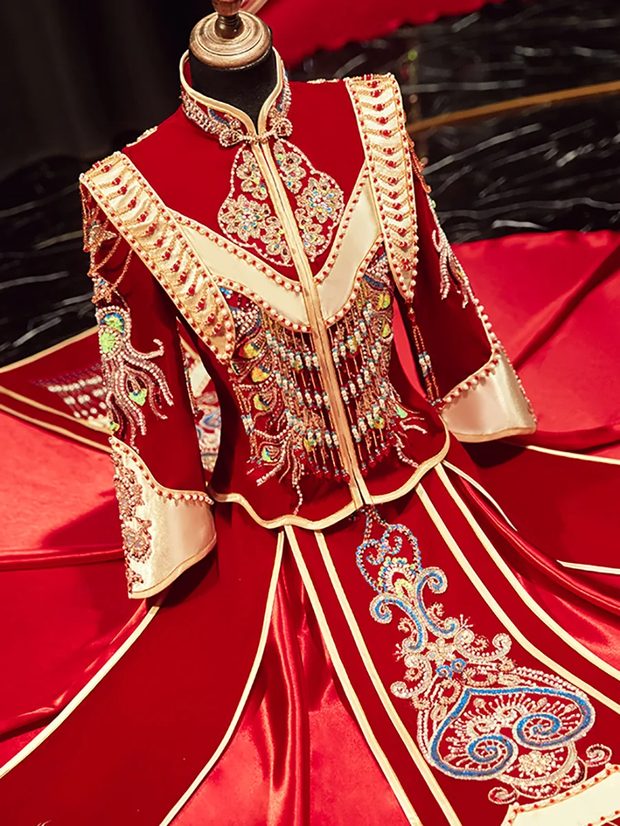 Bride Velour Tassels Toast Clothing Tang Suit Chinese Style Sequins Beading Wedding Dress
Bride Velour Tassels Toast Clothing Tang Suit Chinese Style Sequins Beading Wedding Dress