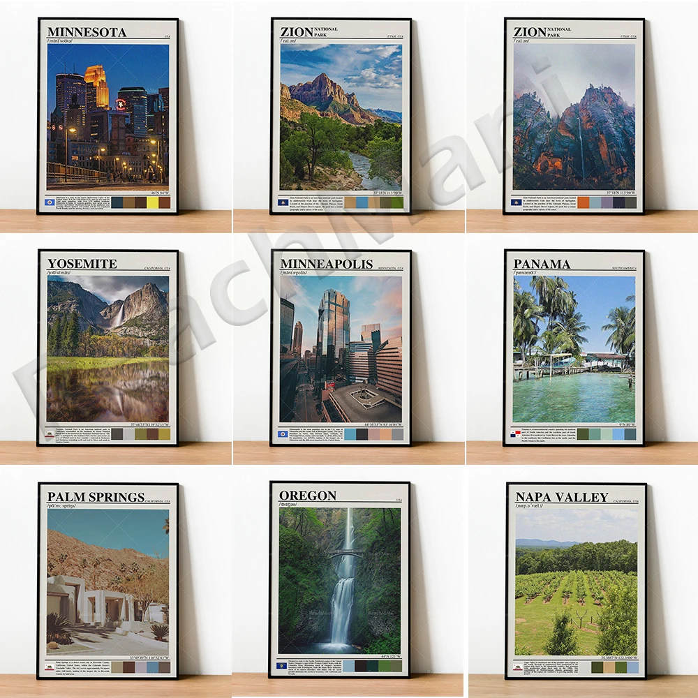 Panama, Napa Valley CA, Palm Springs CA, Oregon, Montreal, Minneapolis, Minnesota, Zion, Yosemite National Parks travel poster
Panama, Napa Valley CA, Palm Springs CA, Oregon, Montreal, Minneapolis, Minnesota, Zion, Yosemite National Parks travel poster
