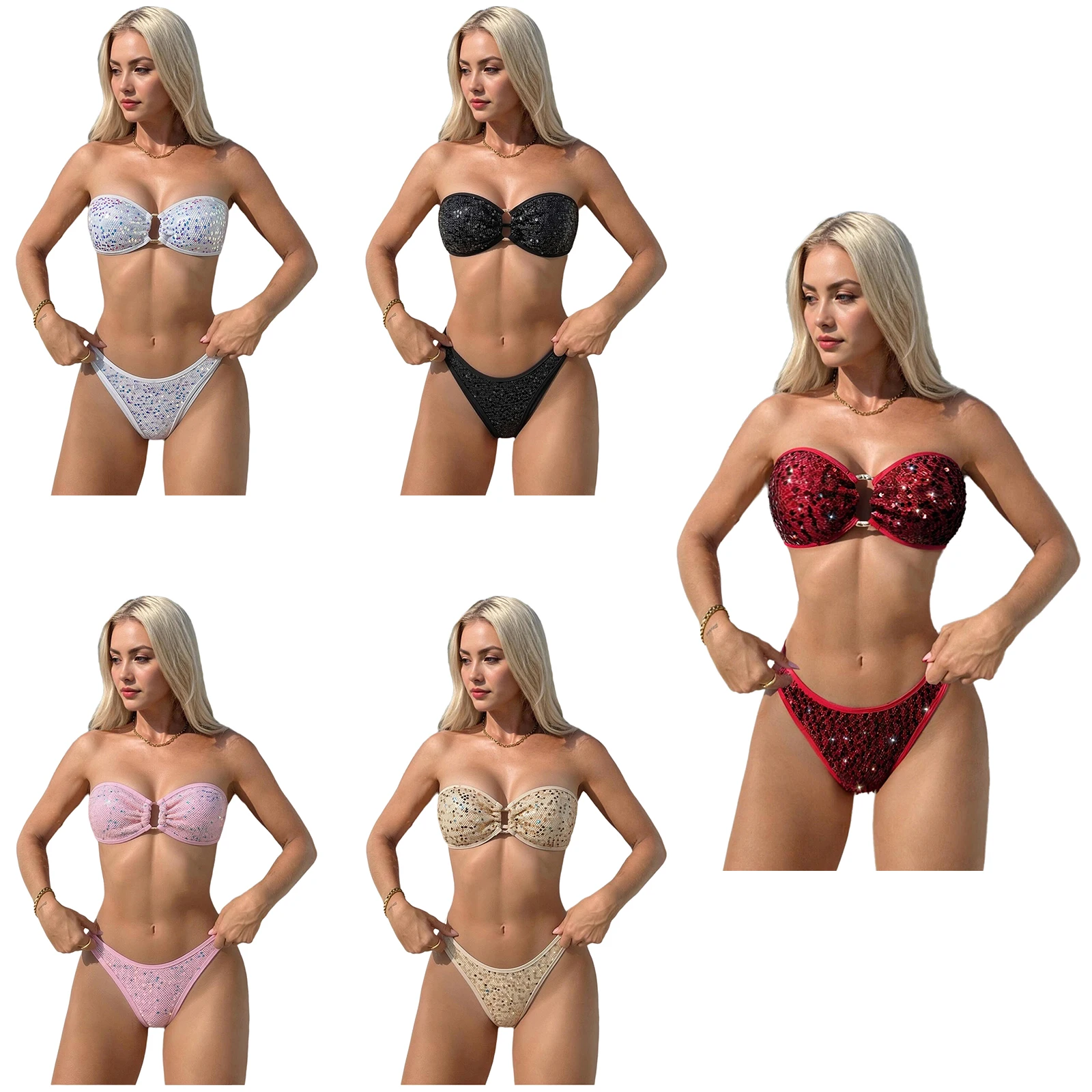 Womens Sequin Bikini Bathing Suit Set O-ring Linked Back Lace-up Strapless Bra Top And Briefs Beach for Swimming Pool Sunbathing
Womens Sequin Bikini Bathing Suit Set O-ring Linked Back Lace-up Strapless Bra Top And Briefs Beach for Swimming Pool Sunbathing
