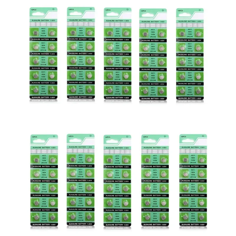 100pcs /10 Card 30mAh 1.55V AG11 SG11 LR58 SR58 162 361 362 LR721 SR721 SR720 G11 Button Cell Coin Battery For Watch Toys Remote
100pcs /10 Card 30mAh 1.55V AG11 SG11 LR58 SR58 162 361 362 LR721 SR721 SR720 G11 Button Cell Coin Battery For Watch Toys Remote