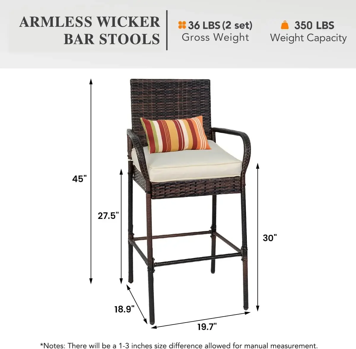 Wicker Bar Stool Set of 2, Patio Counter Height Pub Chair with Arms, High Top Rattan Barstool, Cushion Beige, All-Weather Outdoo
Wicker Bar Stool Set of 2, Patio Counter Height Pub Chair with Arms, High Top Rattan Barstool, Cushion Beige, All-Weather Outdoo