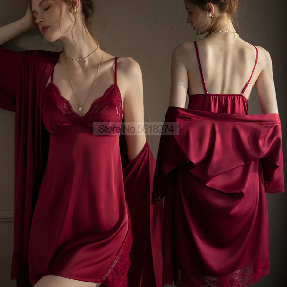 Lace Patchwork Robe Suit With Strap Nightgown Satin Summer Kimono Bathrobe Gown Sexy V-Neck Sleepwear Nightdress Bride Lingerie
Lace Patchwork Robe Suit With Strap Nightgown Satin Summer Kimono Bathrobe Gown Sexy V-Neck Sleepwear Nightdress Bride Lingerie