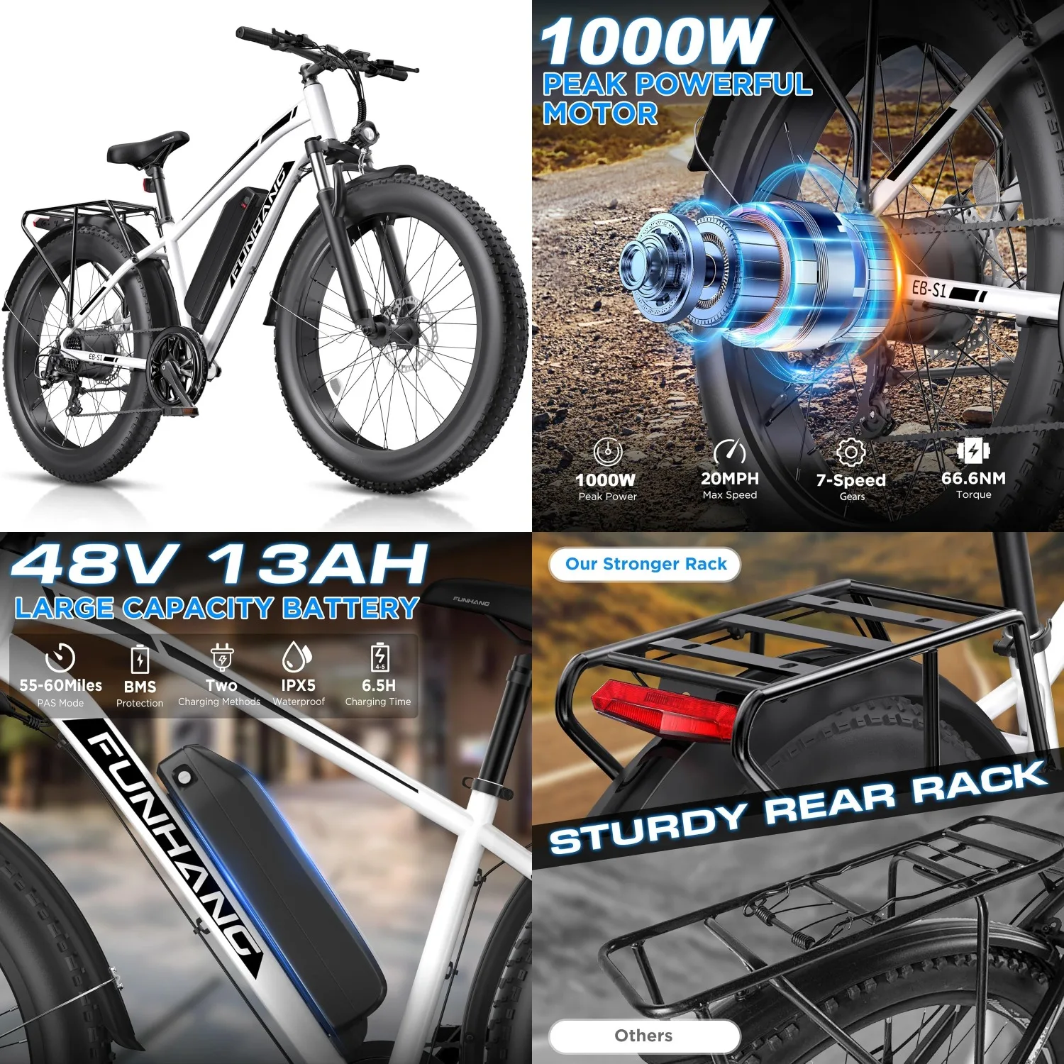 1000W Motor Electric Bike, 26" Fat Tire Ebike 48V 13AH, 20MPH 60Miles Front Suspension 7 Speed UL 2849 Certified, Customized
1000W Motor Electric Bike, 26" Fat Tire Ebike 48V 13AH, 20MPH 60Miles Front Suspension 7 Speed UL 2849 Certified, Customized