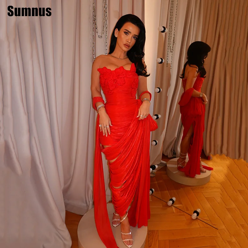 Sumnus Elegant Mermaid Prom Dresses Red Strapless Ruffle Pleats Appliques Side Slit Midi Evening Dresses vestidos Customized
Sumnus Elegant Mermaid Prom Dresses Red Strapless Ruffle Pleats Appliques Side Slit Midi Evening Dresses vestidos Customized