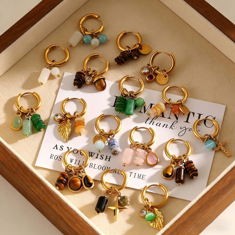 Gold Plated Stainless Steel Hoop Earrings, Natural Stone & Mixed Charm Drop Earrings for Women
Gold Plated Stainless Steel Hoop Earrings, Natural Stone & Mixed Charm Drop Earrings for Women
