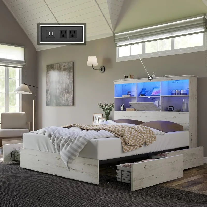 Full Size Bed Frame Wooden Platform Bed with 51.2" LED Storage Bookcase Headboard, 4 Storage Drawers & Charging Station
Full Size Bed Frame Wooden Platform Bed with 51.2" LED Storage Bookcase Headboard, 4 Storage Drawers & Charging Station