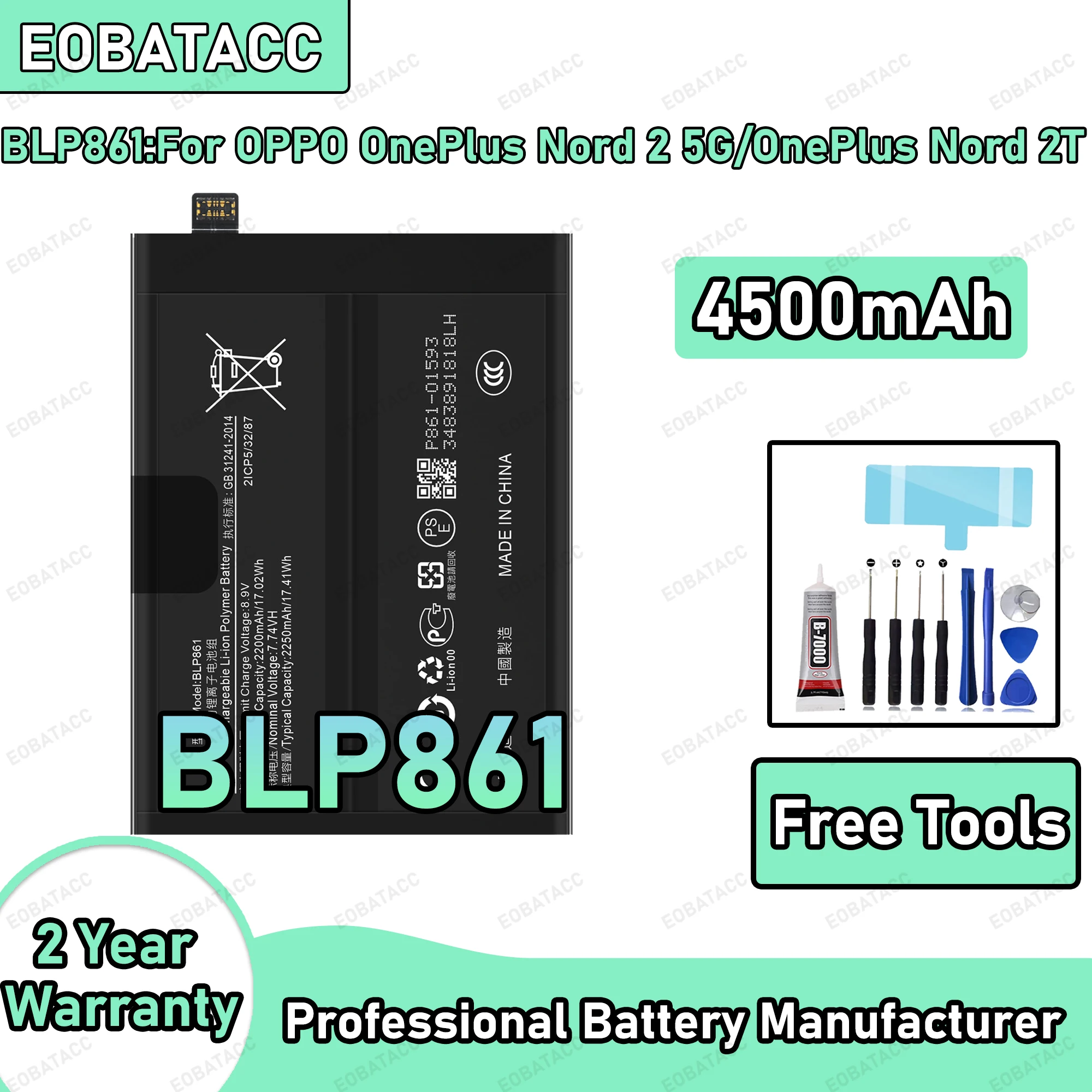 4500mAh 100% New BLP861 Battery For OPPO OnePlus Nord 2 5G/OnePlus Nord 2T Replacement Bateria+Free Tools
4500mAh 100% New BLP861 Battery For OPPO OnePlus Nord 2 5G/OnePlus Nord 2T Replacement Bateria+Free Tools