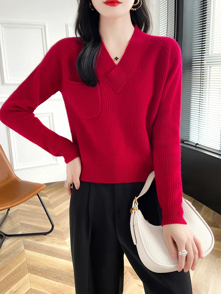 Spring Autumn Women V-neck Long Sleeve Pullovers 100% Merino Wool Sweater Soft Simple Style Wool Knitwear Tops Short Clothing
Spring Autumn Women V-neck Long Sleeve Pullovers 100% Merino Wool Sweater Soft Simple Style Wool Knitwear Tops Short Clothing