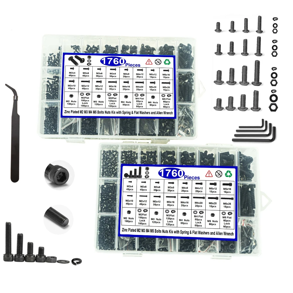 1760pcs Black 12.9 Grade Cylindrical Head Hexagon Socket Screws with Nuts and Flat Spring Washers Set High-strength M2-m5 Screws
1760pcs Black 12.9 Grade Cylindrical Head Hexagon Socket Screws with Nuts and Flat Spring Washers Set High-strength M2-m5 Screws