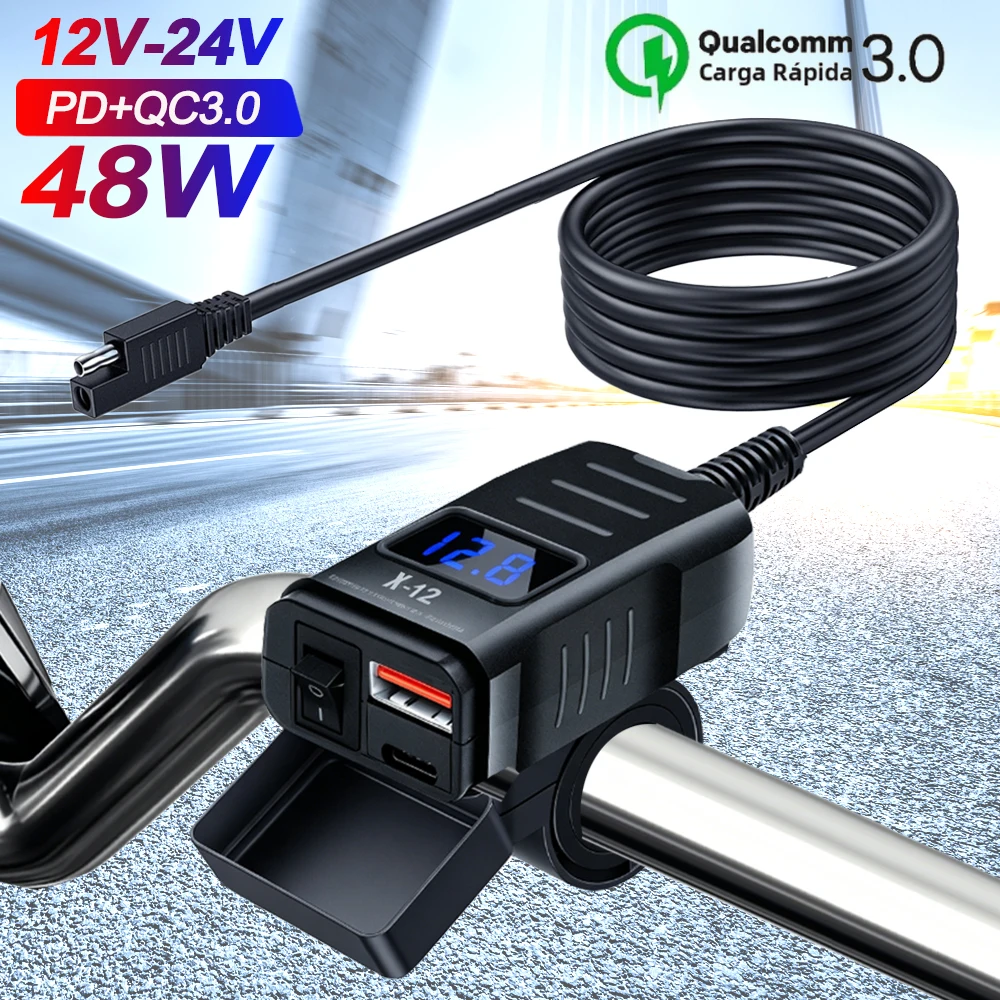 48W PD QC3.0 Motorcycle Charger Dual Ports with Voltmeter & Switch 12V-24V USB Type C Waterproof SAE Handlebar Power Adapter
48W PD QC3.0 Motorcycle Charger Dual Ports with Voltmeter & Switch 12V-24V USB Type C Waterproof SAE Handlebar Power Adapter