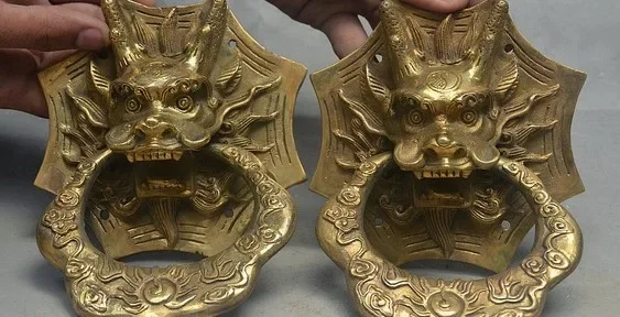 6" China FengShui Brass Guard Beast Dragon Kylin Head Statue Door Knocker Pair
6" China FengShui Brass Guard Beast Dragon Kylin Head Statue Door Knocker Pair